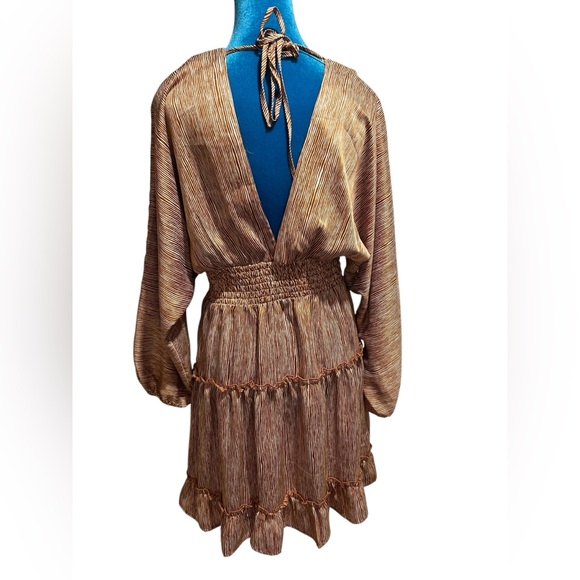 MOON RIVER Brown Tan Beige Striped Satin Balloon Dolman Sleeve Mini Dress Medium - Picture 6 of 8